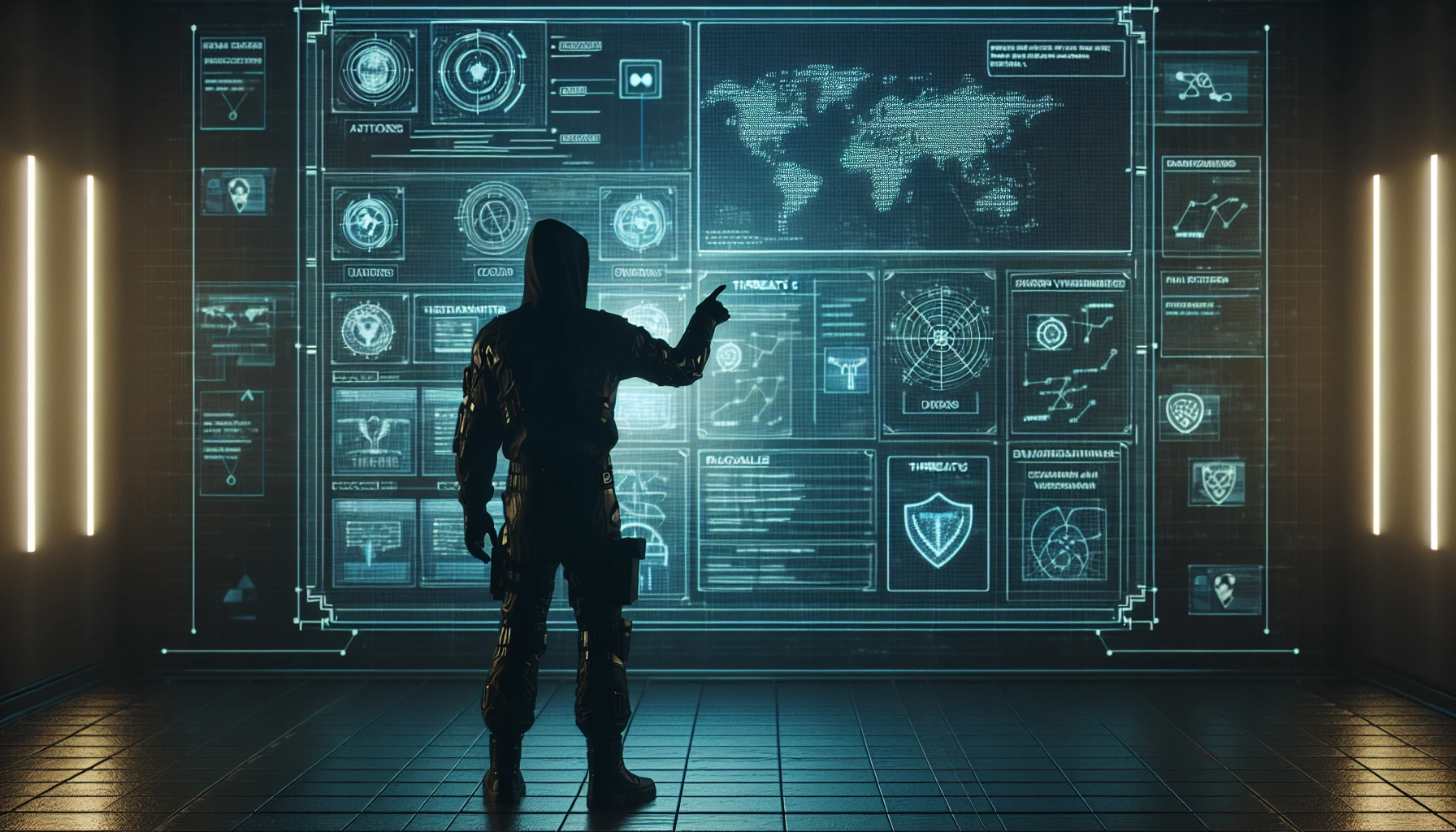 Illustration of a security professional analyzing threats and vulnerabilities