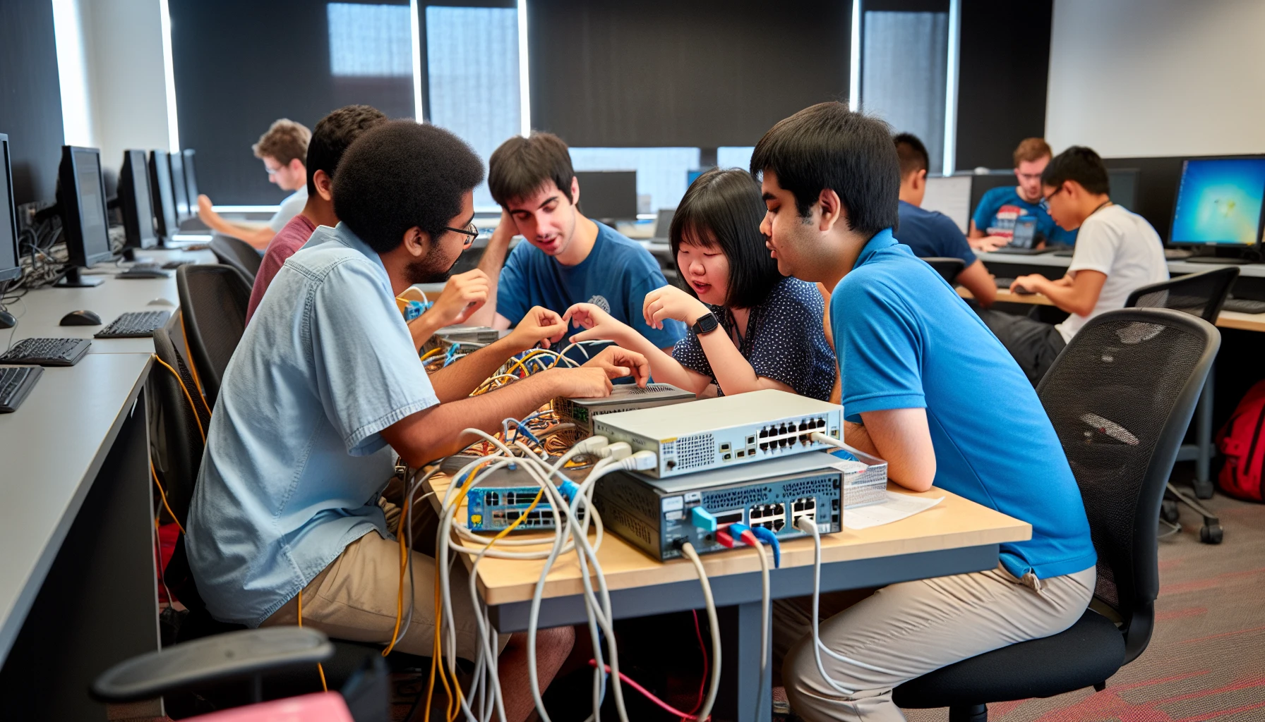 Photo of students working on networking lab exercises