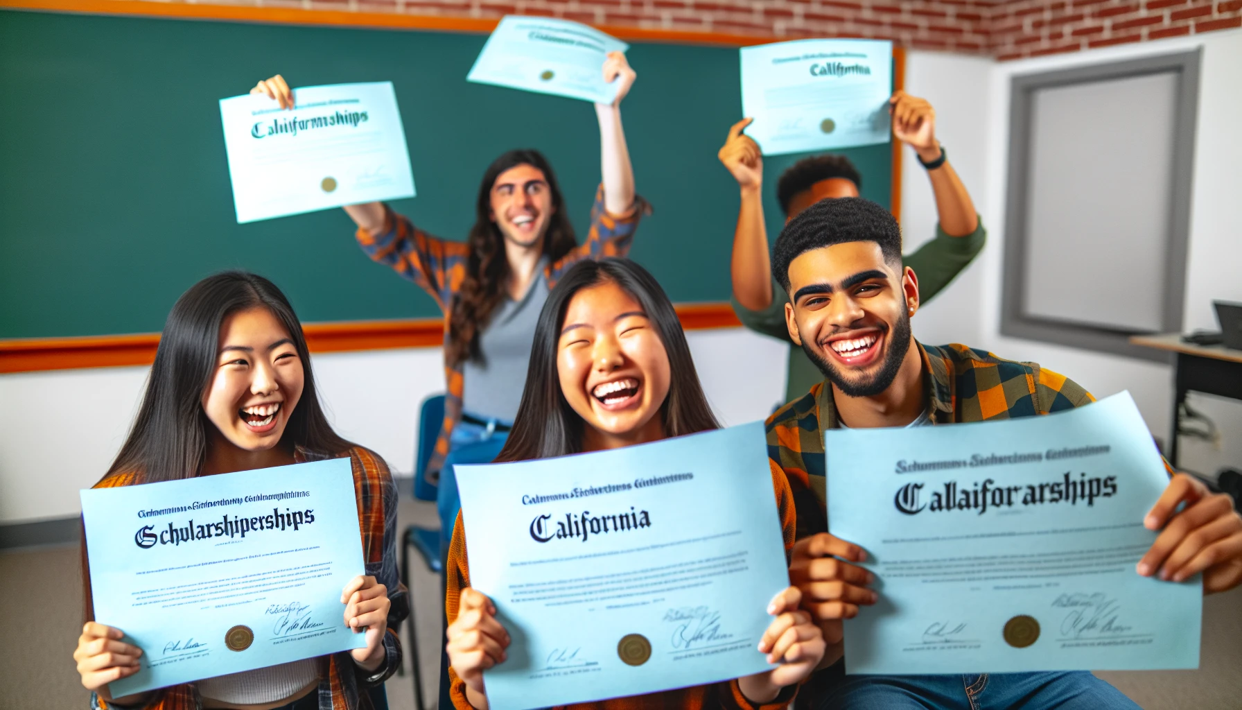Students celebrating and holding scholarship certificates
