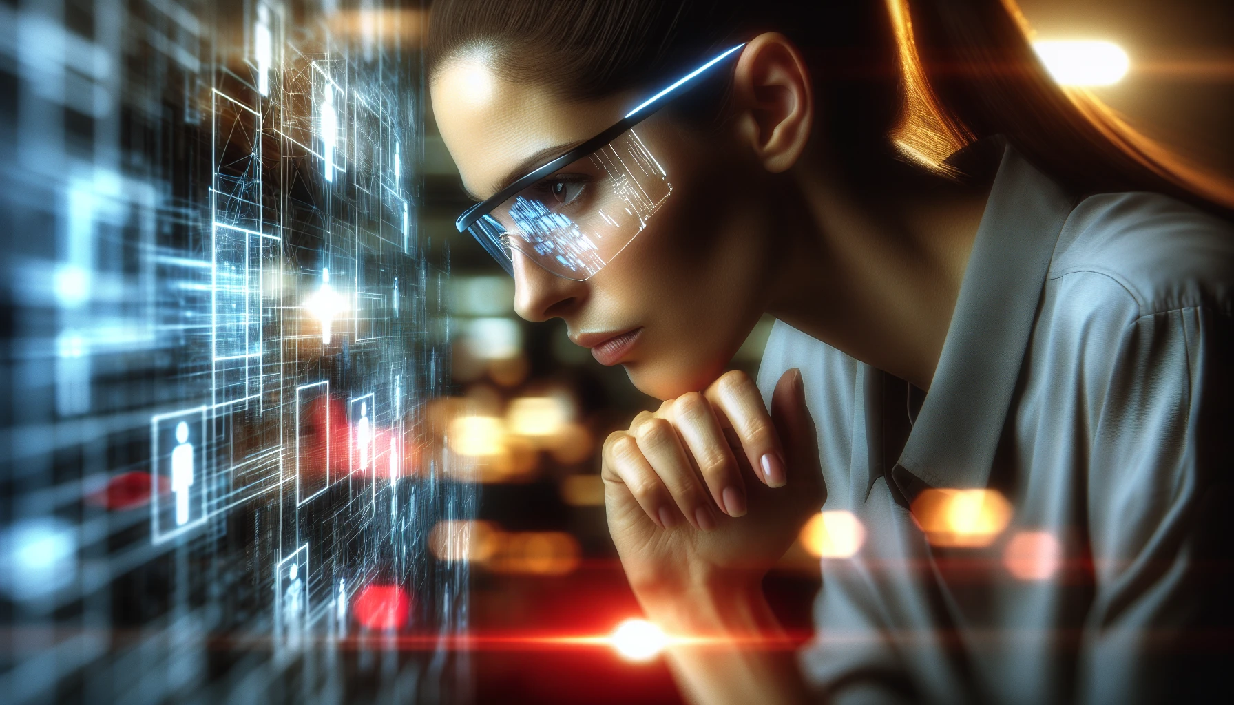 Cybersecurity professional analyzing data on a digital screen