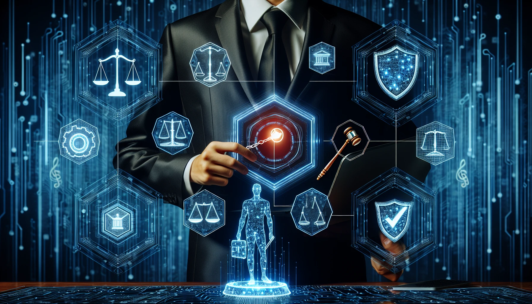 Illustration of a person with technical and legal symbols representing essential skills for cybersecurity law professionals