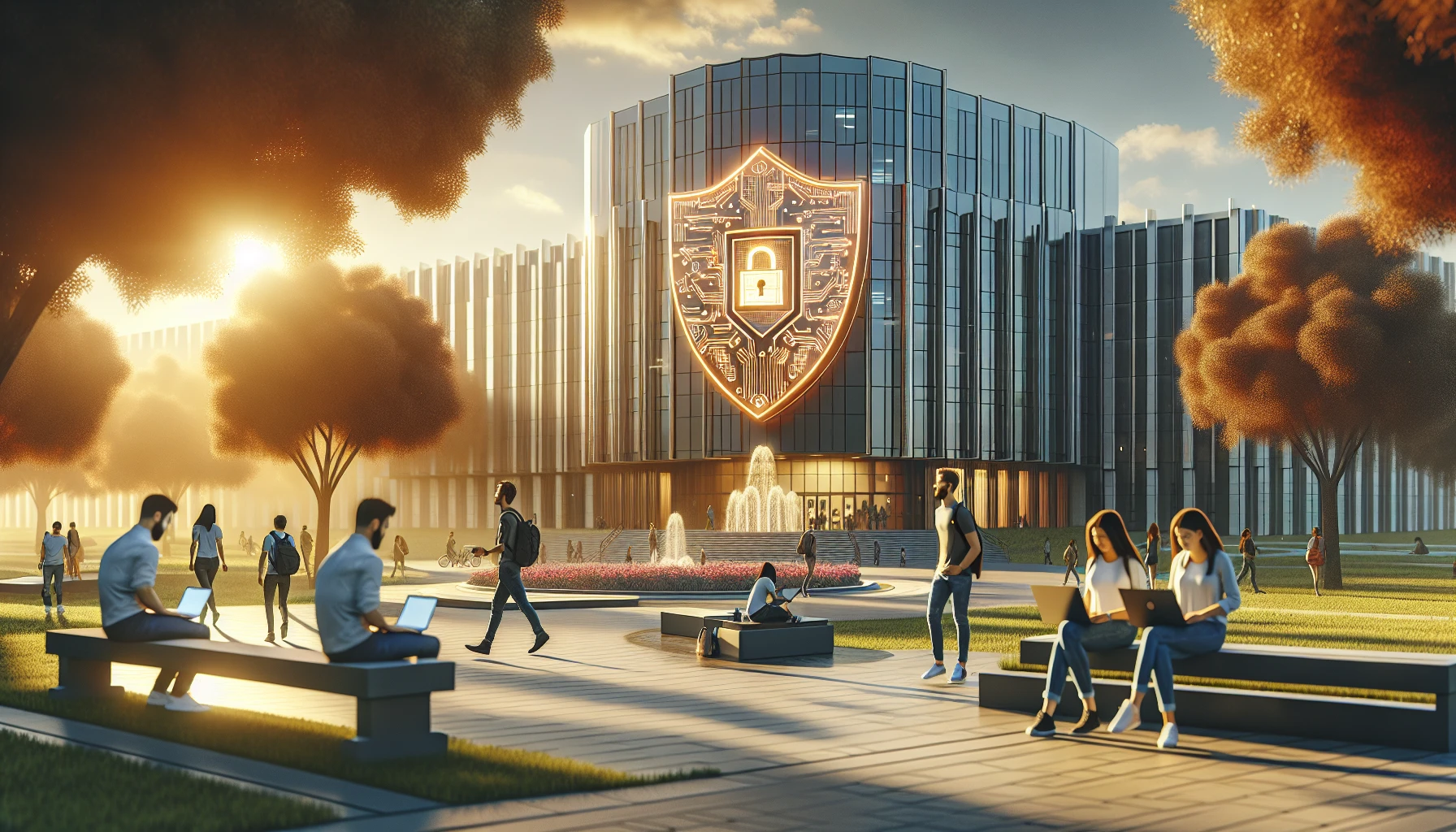 Illustration of a university campus with a focus on cybersecurity