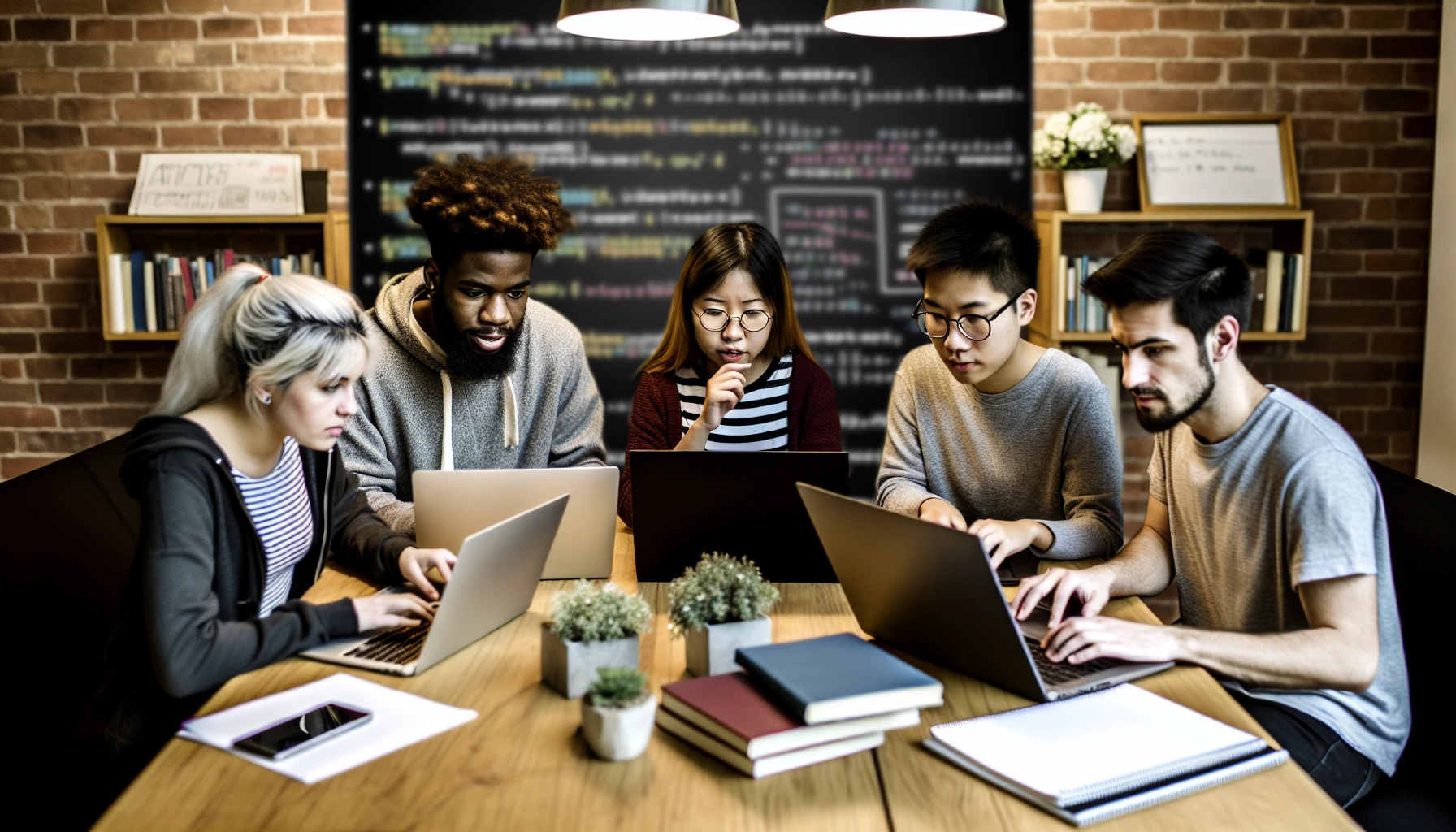A diverse group of students collaborating on a cybersecurity project