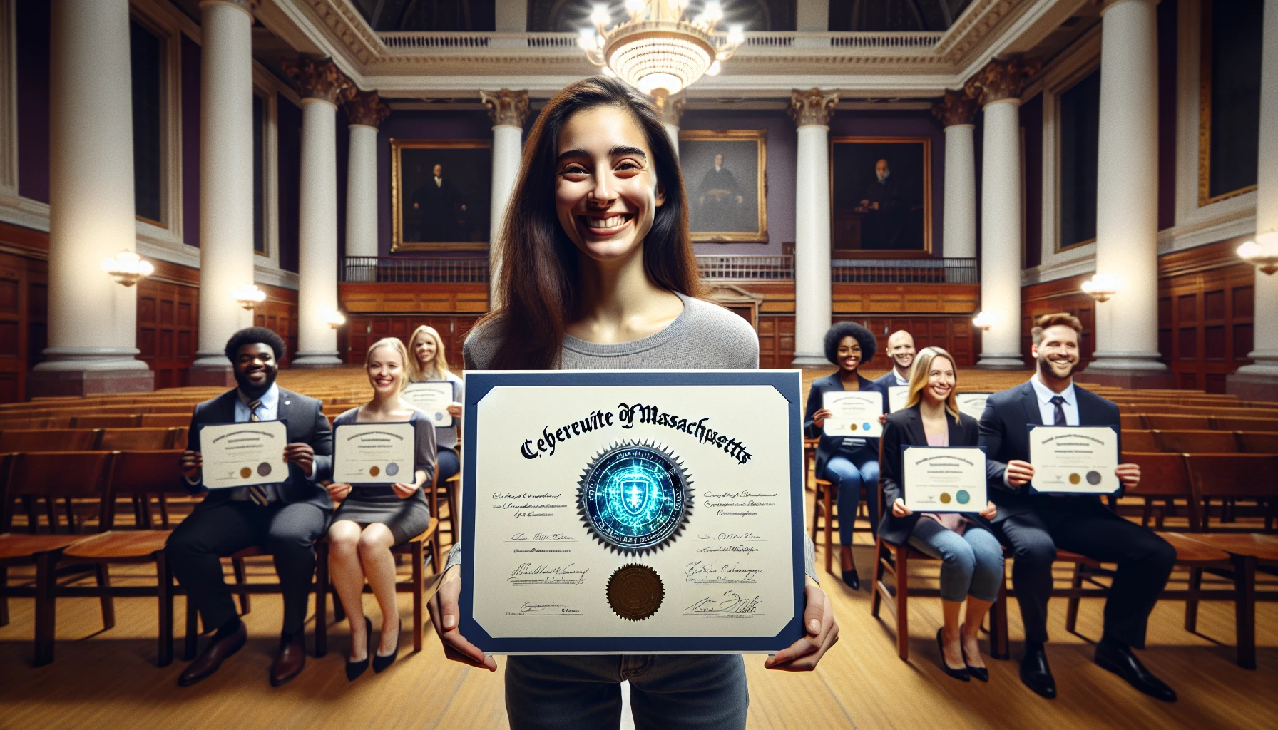 A person receiving a cybersecurity certificate at a local institution in Massachusetts
