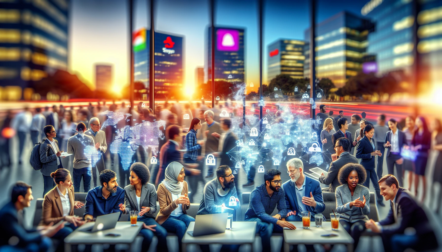 A bustling tech industry scene with blurred company logos in the background