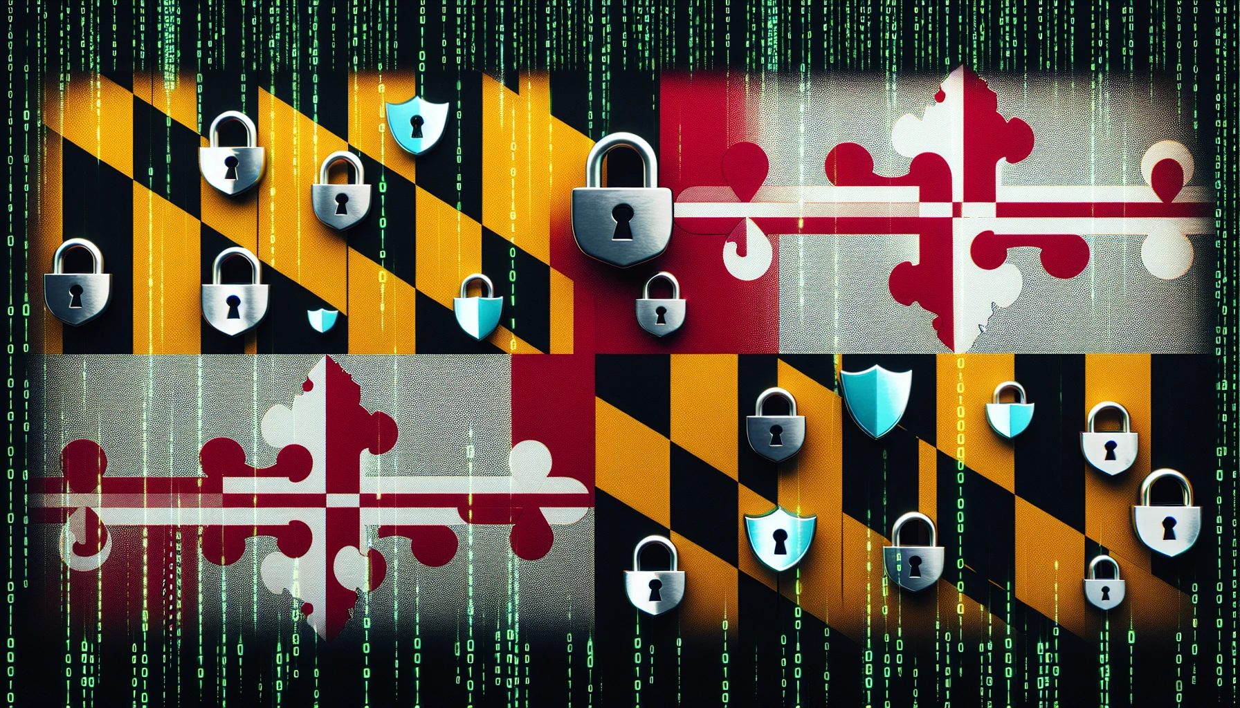 Illustration of Maryland's flag with cybersecurity symbols superimposed